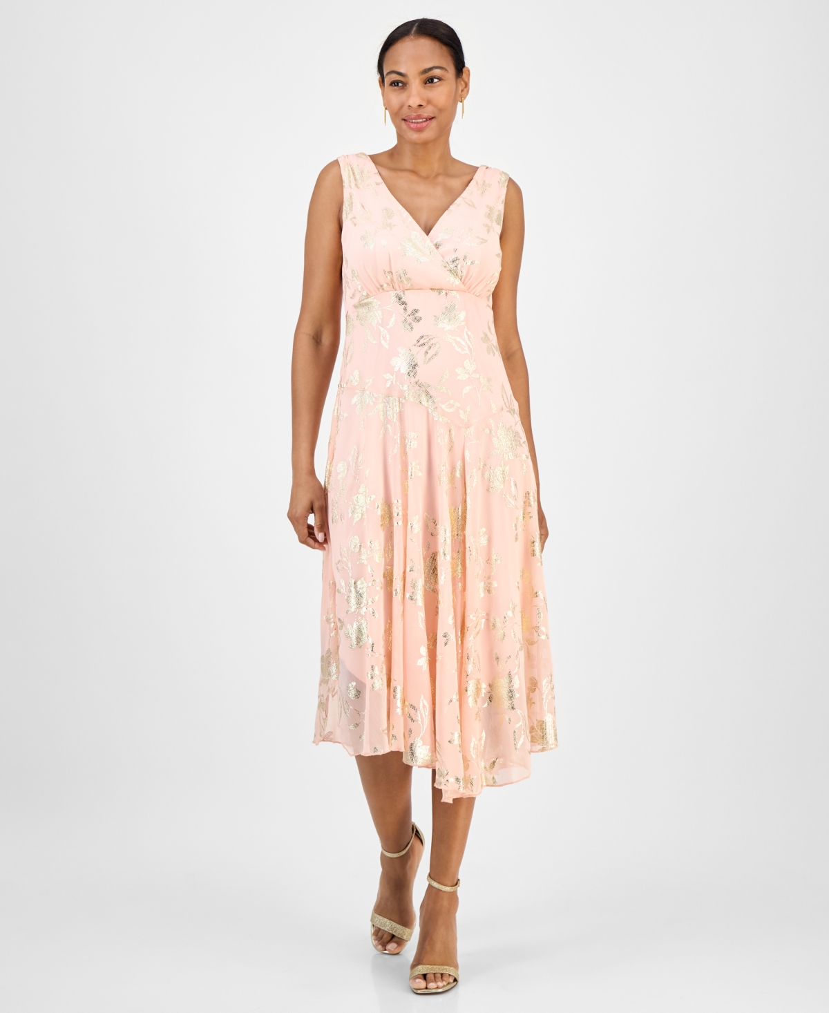 Women's Metallic Chiffon Sleeveless Midi Dress - Salmon