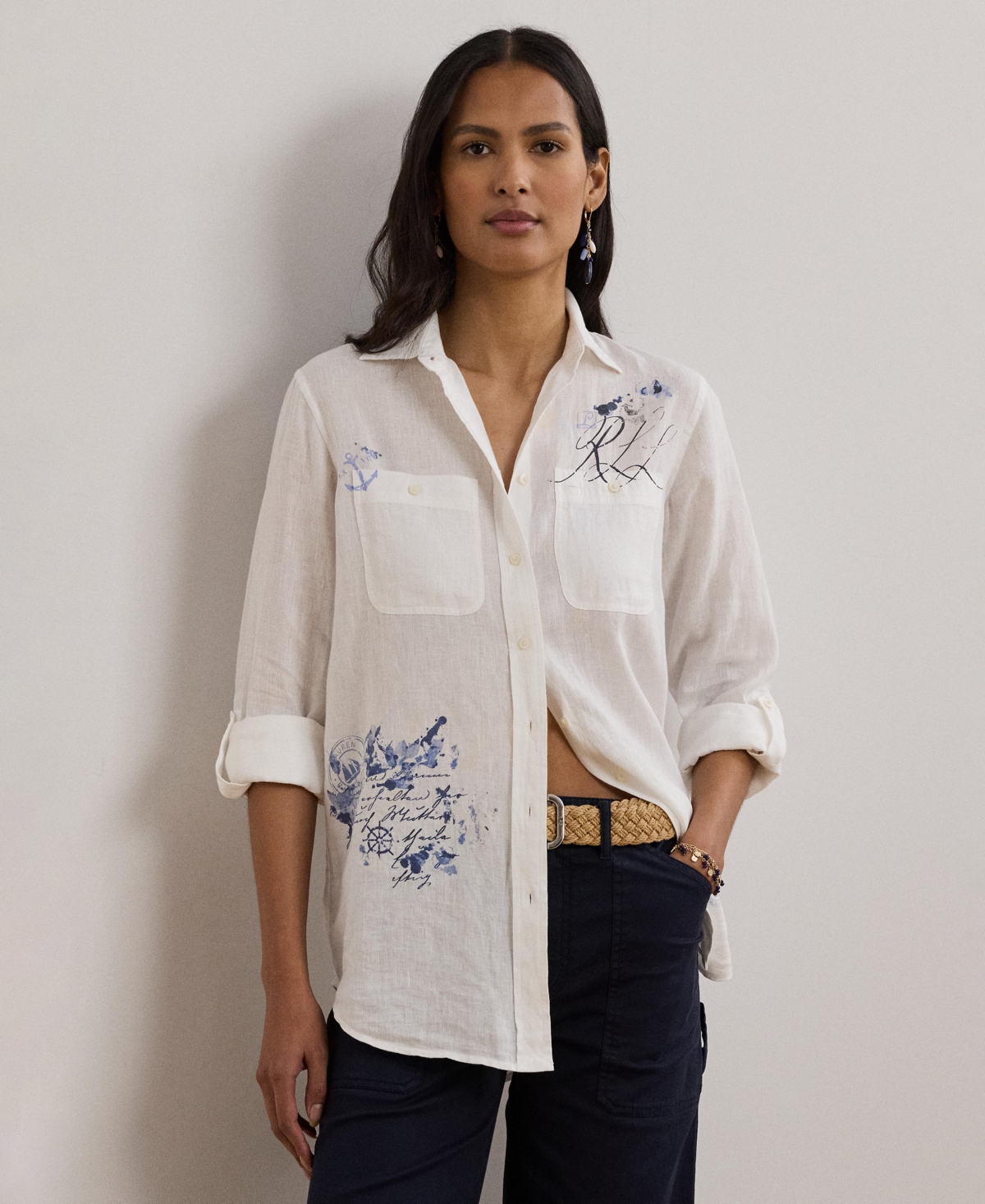 Ralph Lauren 100 Linen Womens Relaxed Fit Print Roll Tab Sleeve Shirt P Xs 3x In White