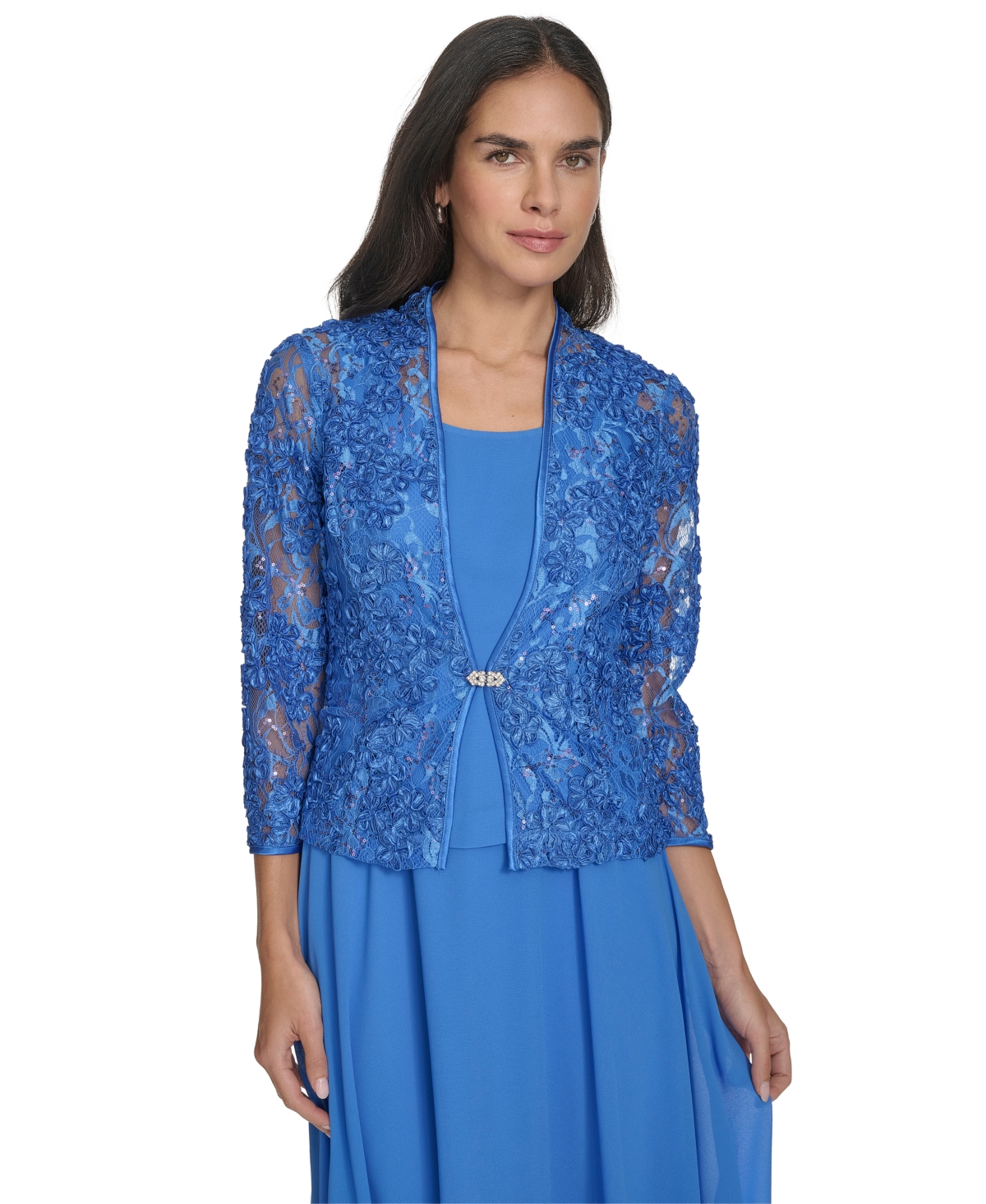 Jessica Howard Women's 2.pc Jewel-neck Midi Dress & Lace 3/4-sleeve Jacket In Blue