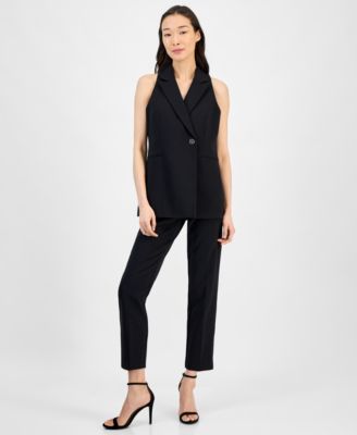 ANNE KLEIN WOMENS SLEEVELESS NOTCHED COLLAR ONE BUTTON BLAZER PULL ON STRAIGHT LEG ANKLE PANTS 