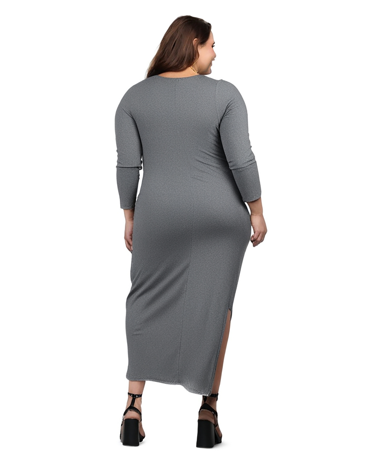 24seven Comfort Apparel Plus Size Long Sleeve Side Slit Fitted Maxi Dress In Grey