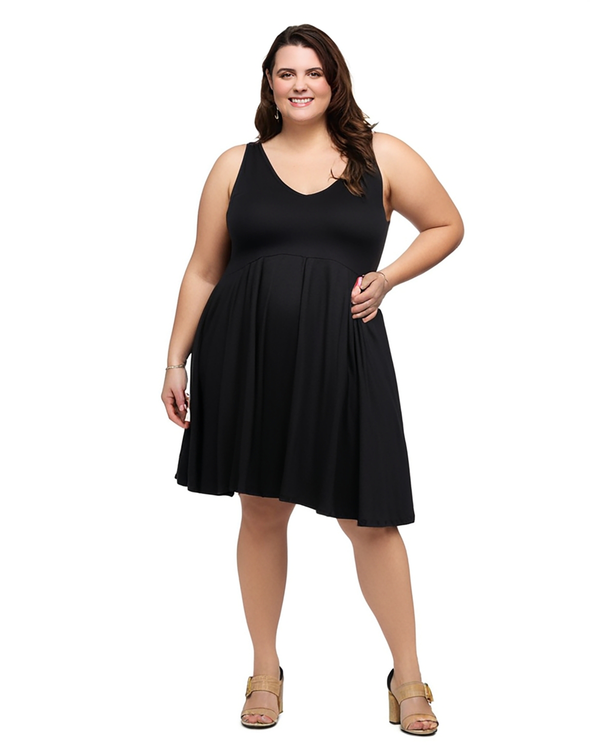 24seven Comfort Apparel Plus Size Sleeveless Midi Fit And Flare Pocket Dress In Black