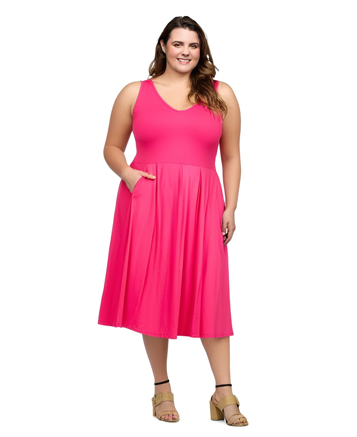 24seven Comfort Apparel Plus Size Sleeveless Midi Fit And Flare Pocket Dress In Pink