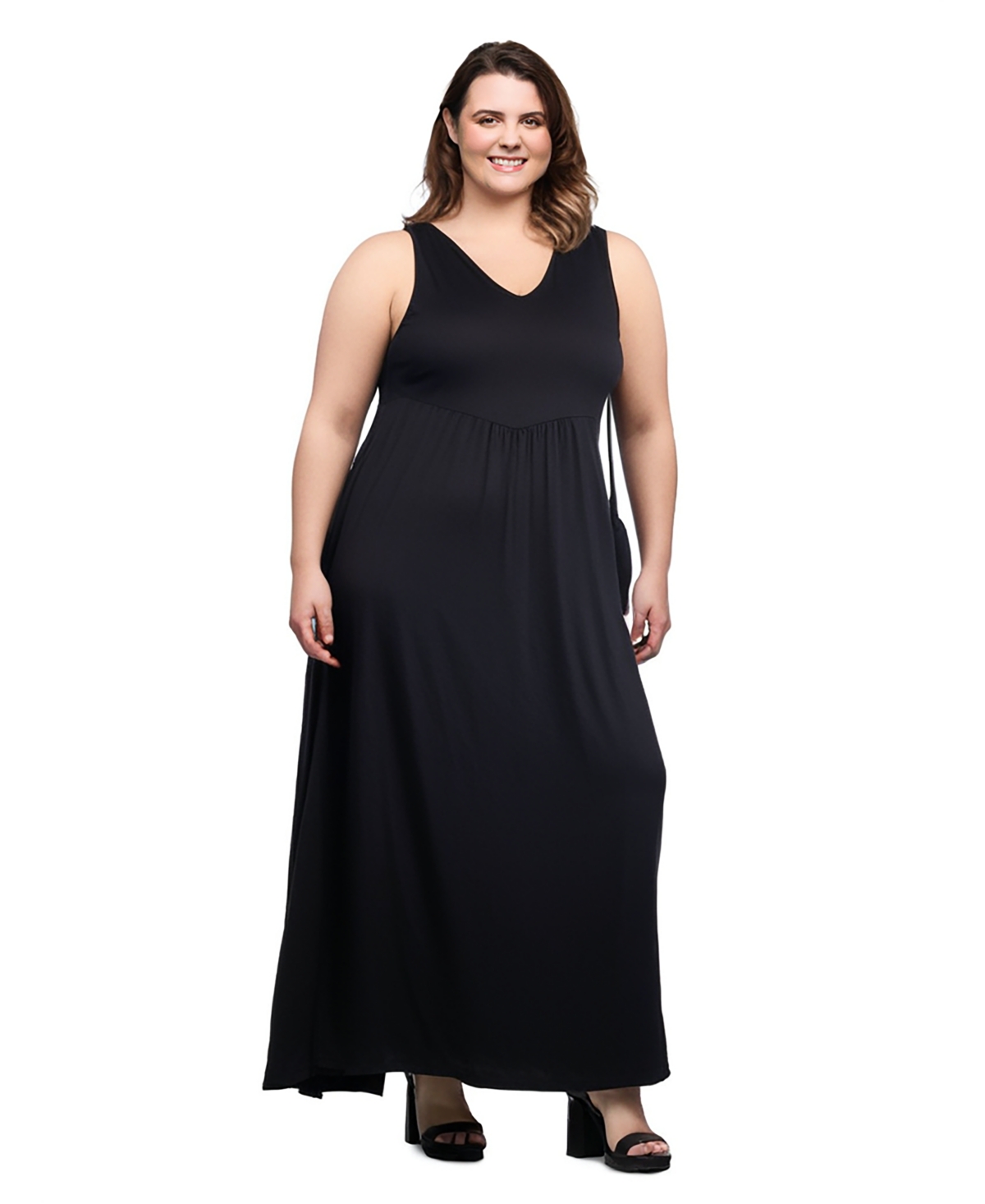 24seven Comfort Apparel V Neck Sleeveless Maternity Maxi Dress With Belt In Black