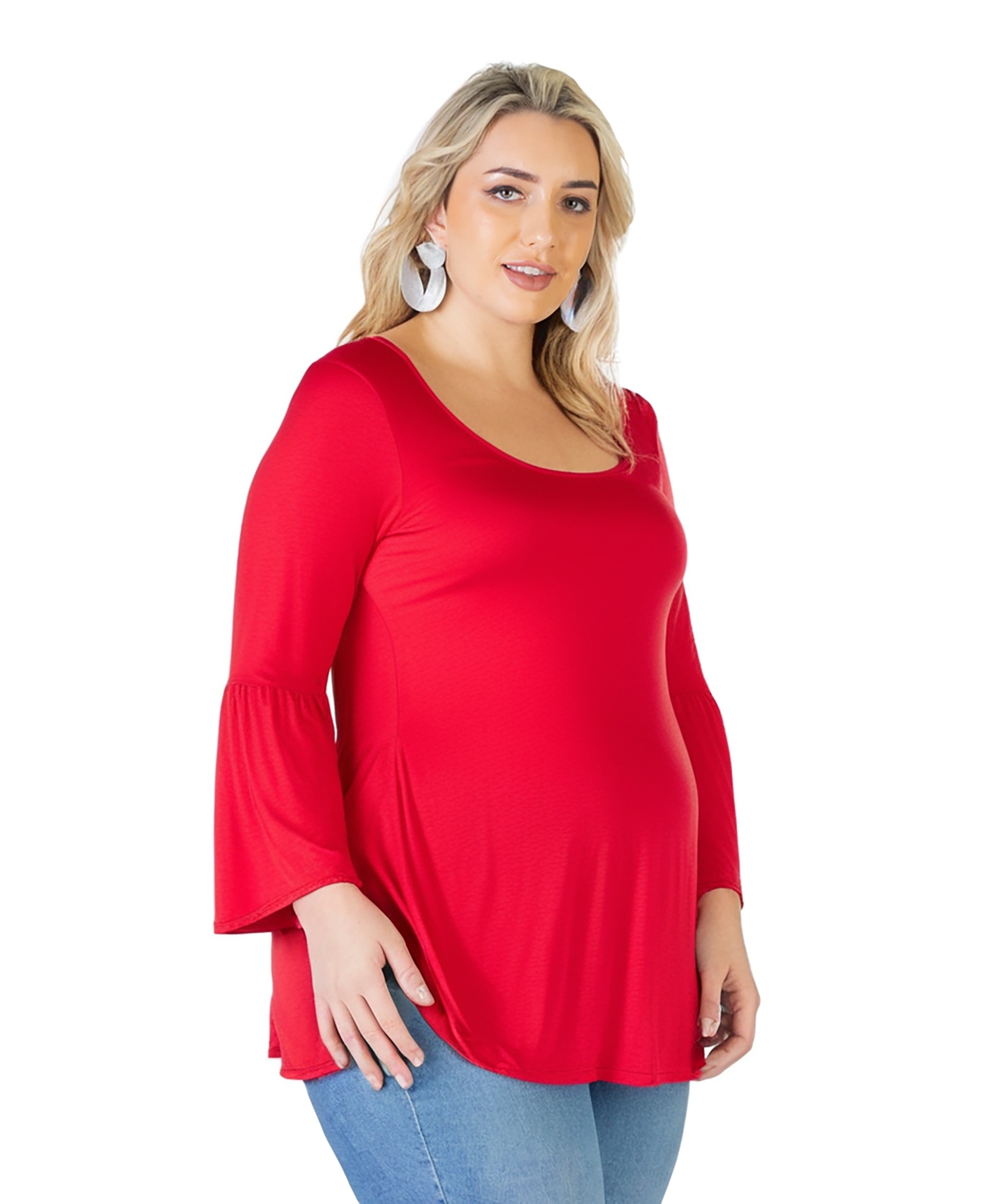 24SEVEN COMFORT APPAREL PLUS SIZE LONG BELL SLEEVE FLARED TUNIC TOP 