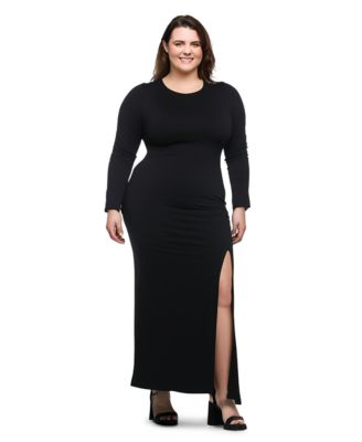 Plus Size Long Sleeve Side Slit Fitted Maxi Dress