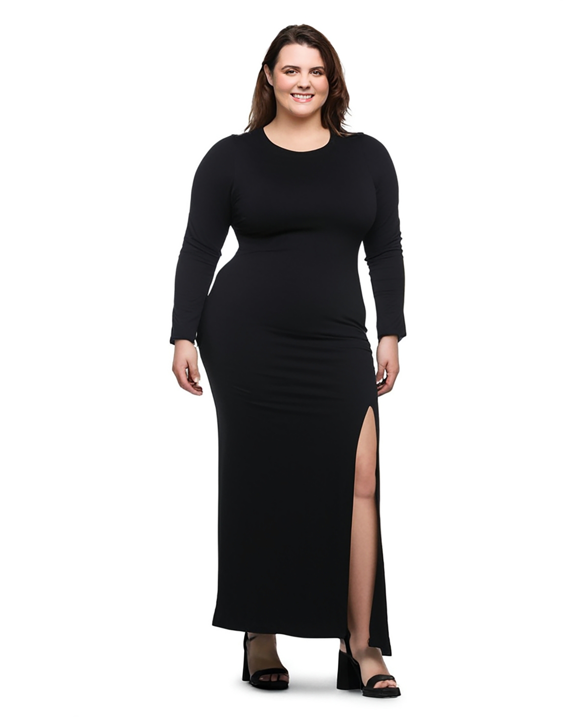 24seven Comfort Apparel Plus Size Long Sleeve Side Slit Fitted Maxi Dress In Black