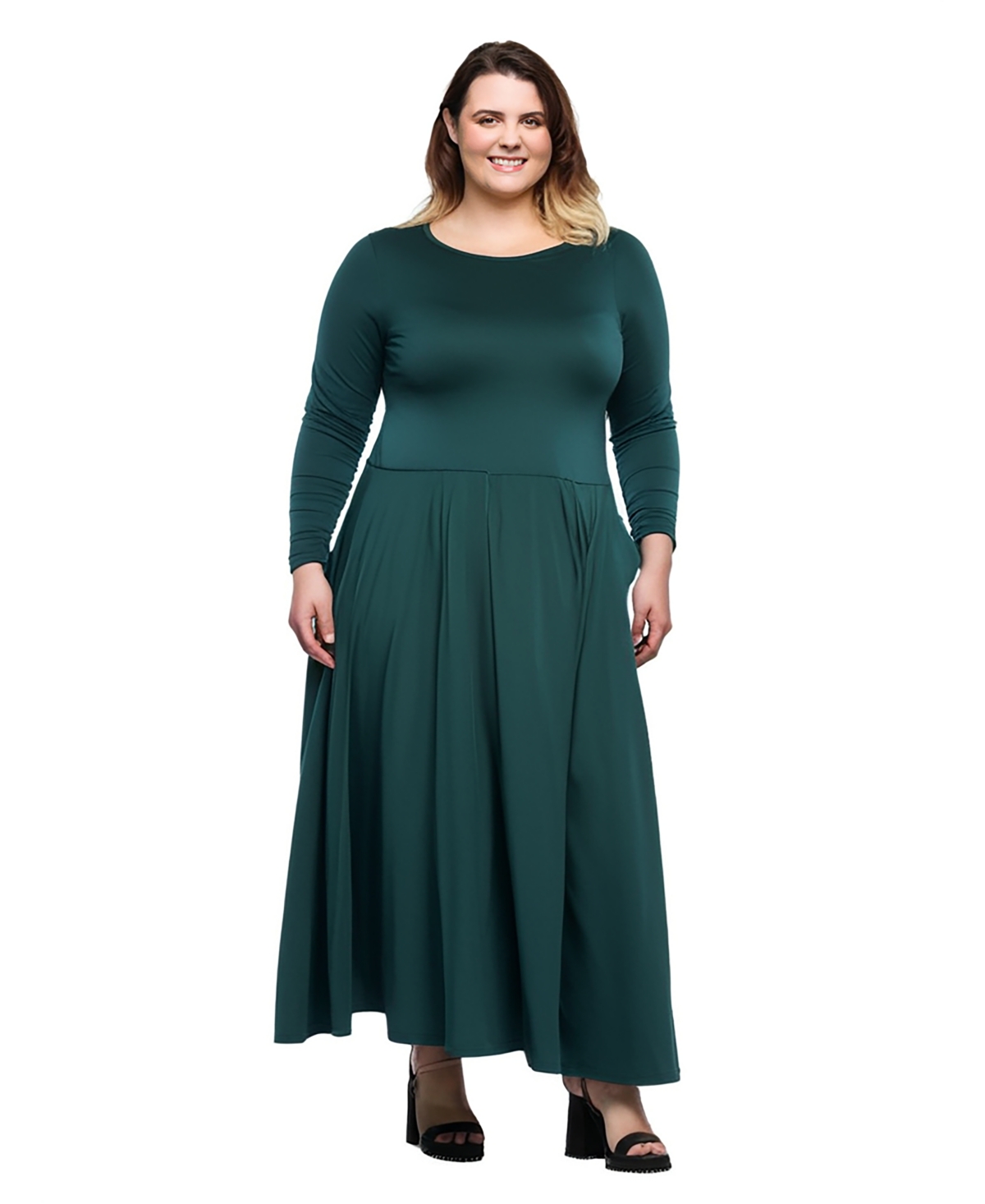 24seven Comfort Apparel Plus Size Long Sleeve Fit And Flare Midi Dress In Hunter