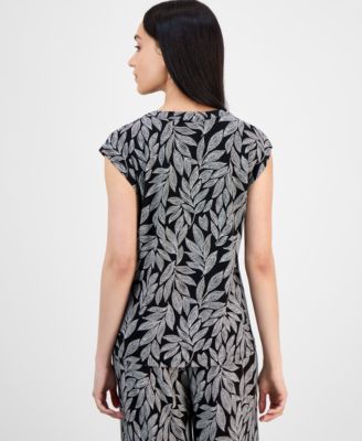 Petite Leaf-Print Cap-Sleeve V-Neck Blouse