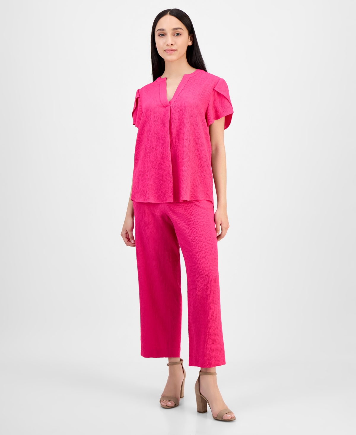 Ak Anne Klein Petite Textured V-neck Tulip Sleeve Top