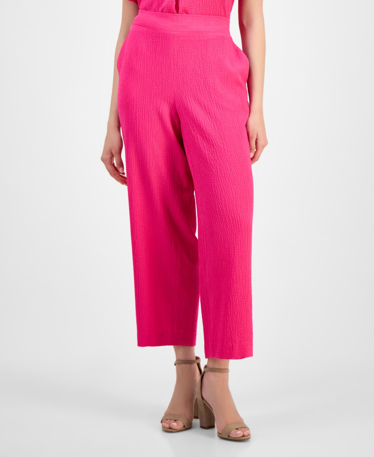 Shop Ak Anne Klein Petite Textured Pull-on Mid-rise Wide-leg Pants