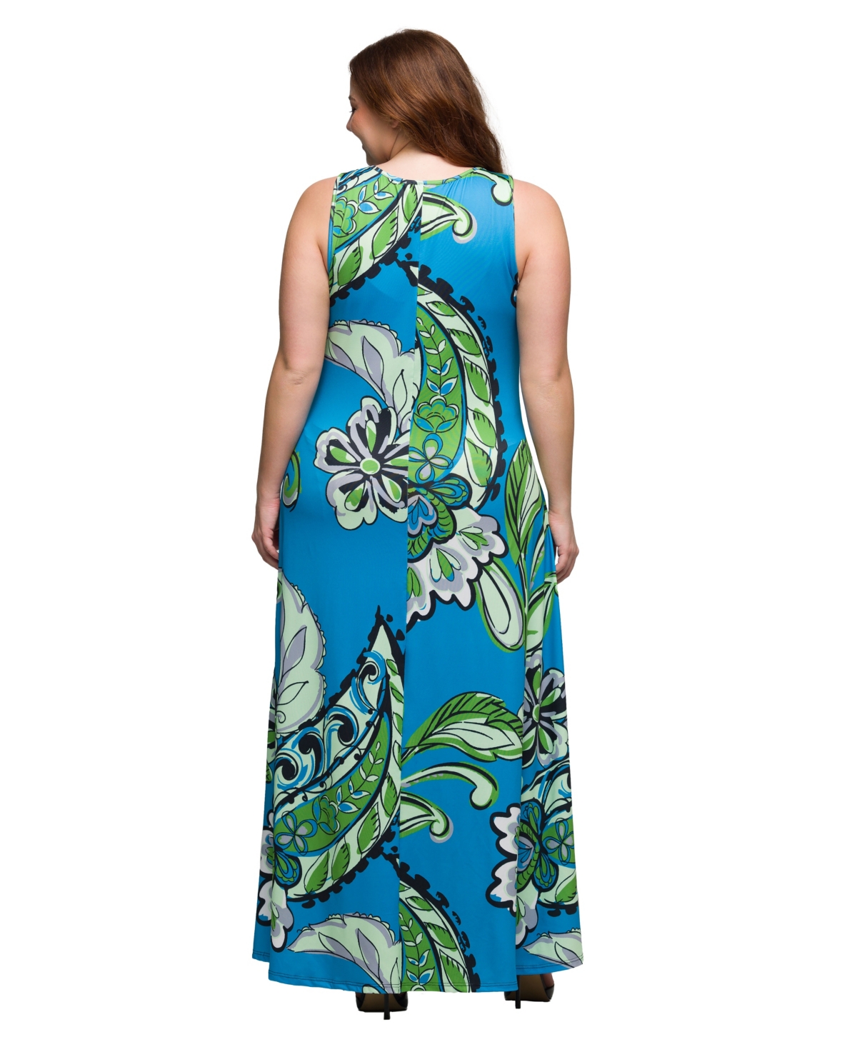 24SEVEN COMFORT APPAREL PLUS SIZE PRINT SCOOP NECK A-LINE SLEEVELESS MAXI DRESS 