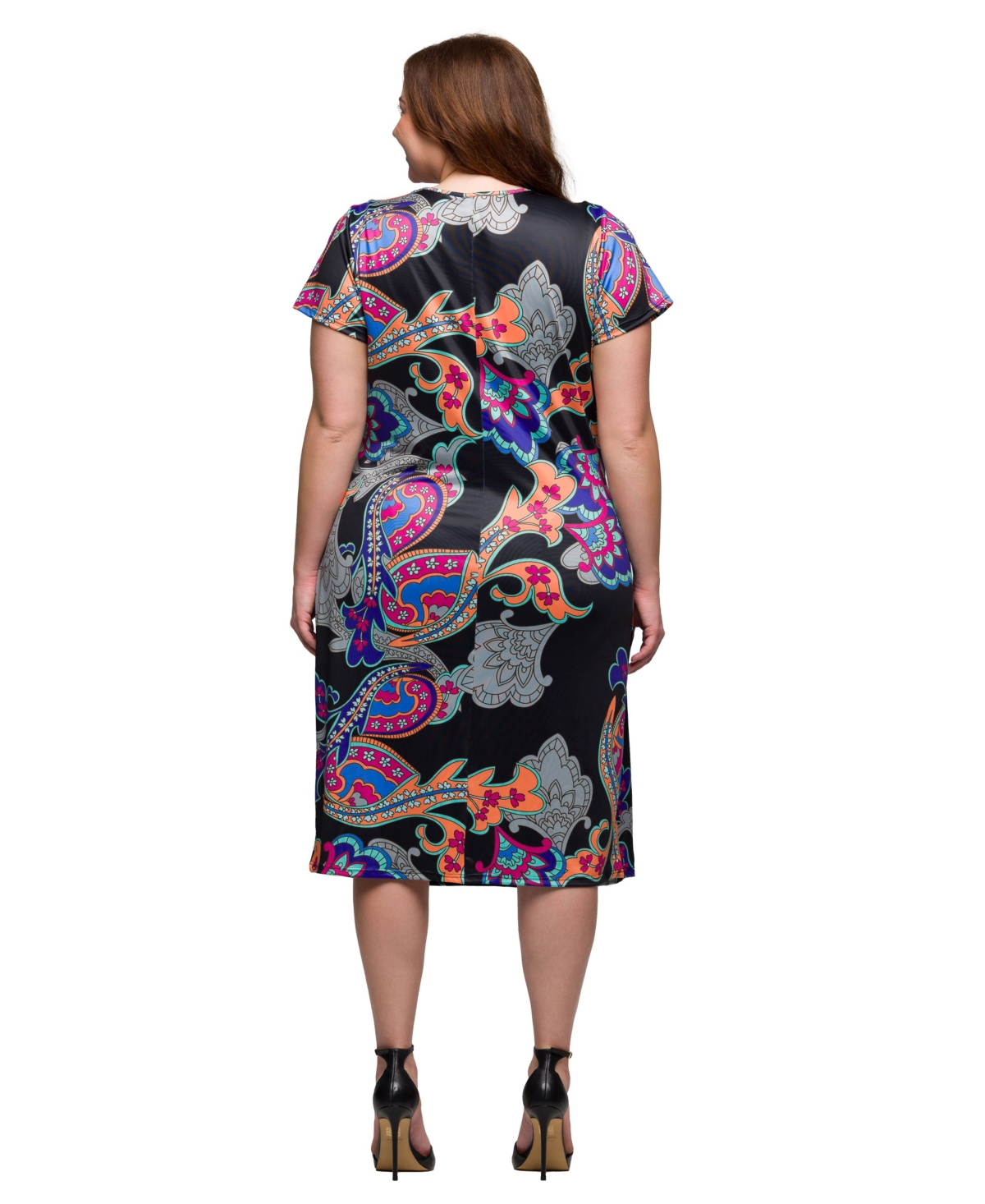 24seven Comfort Apparel Plus Size Knee Length Short Sleeve Faux Wrap Dress In Black Multi