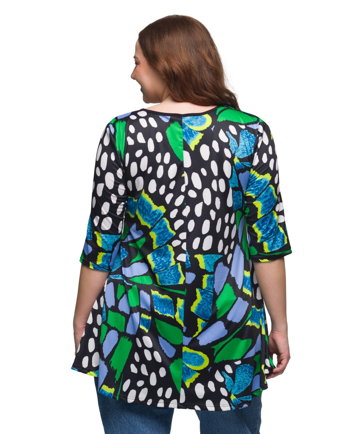 24seven Comfort Apparel Plus Size Print Elbow Sleeve Casual Tunic Top In Green Multi