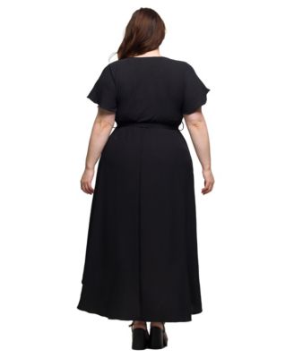 Plus Size V-Neck Belted Faux Wrap High Low Dress