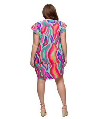 Plus Size Print V-Neck Cap Sleeve Knee Length Pocket Dress