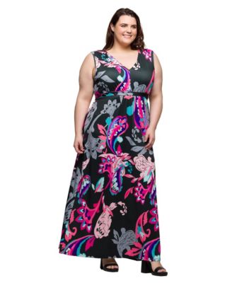 Plus Size Print V-Neck Empire Waist Sleeveless Maxi Dress