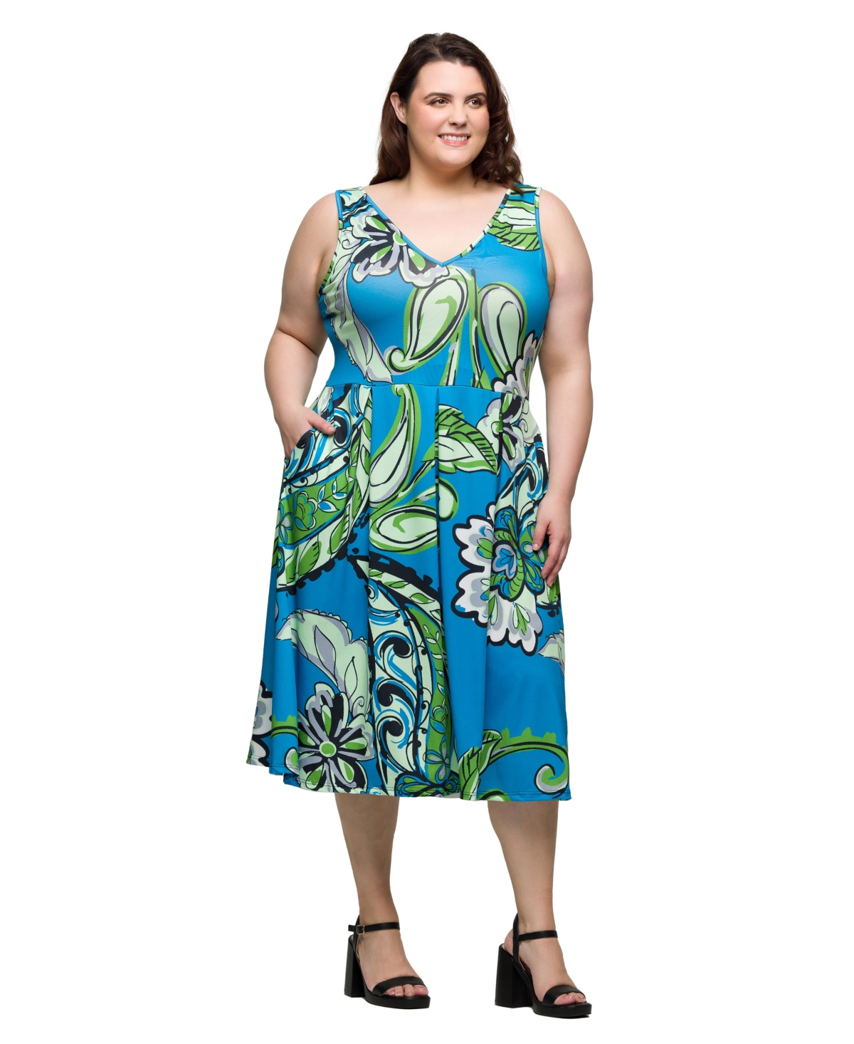 24seven Comfort Apparel Plus Size Midi Length Print Sleeveless Pleated Pocket Dress In Blue Multi
