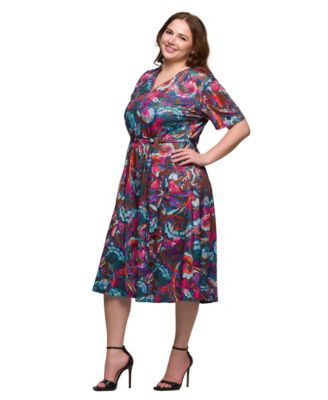 Plus Size Print Short Sleeve Tie Waist Midi Dress