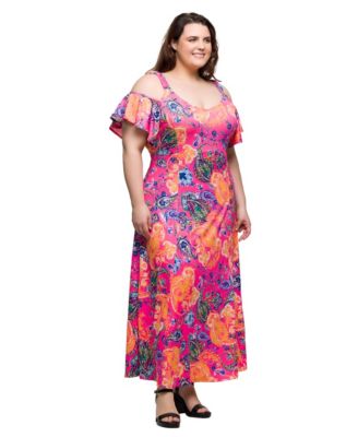Plus Size Cold Shoulder Ruffle Sleeve A-Line Maxi Dress