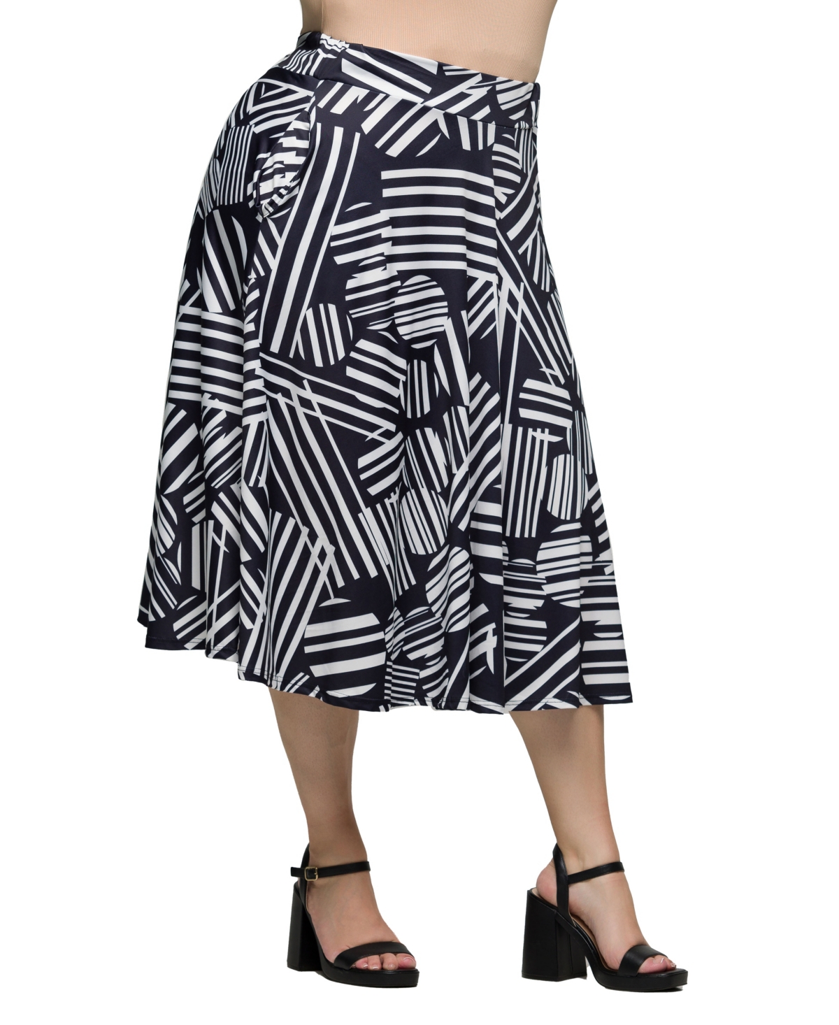 24SEVEN COMFORT APPAREL PLUS SIZE PRINT ELASTIC WAIST POCKET MIDI SKIRT 