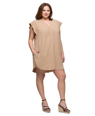 Plus Size V-Neck Cap Sleeve Knee Length Pocket Dress
