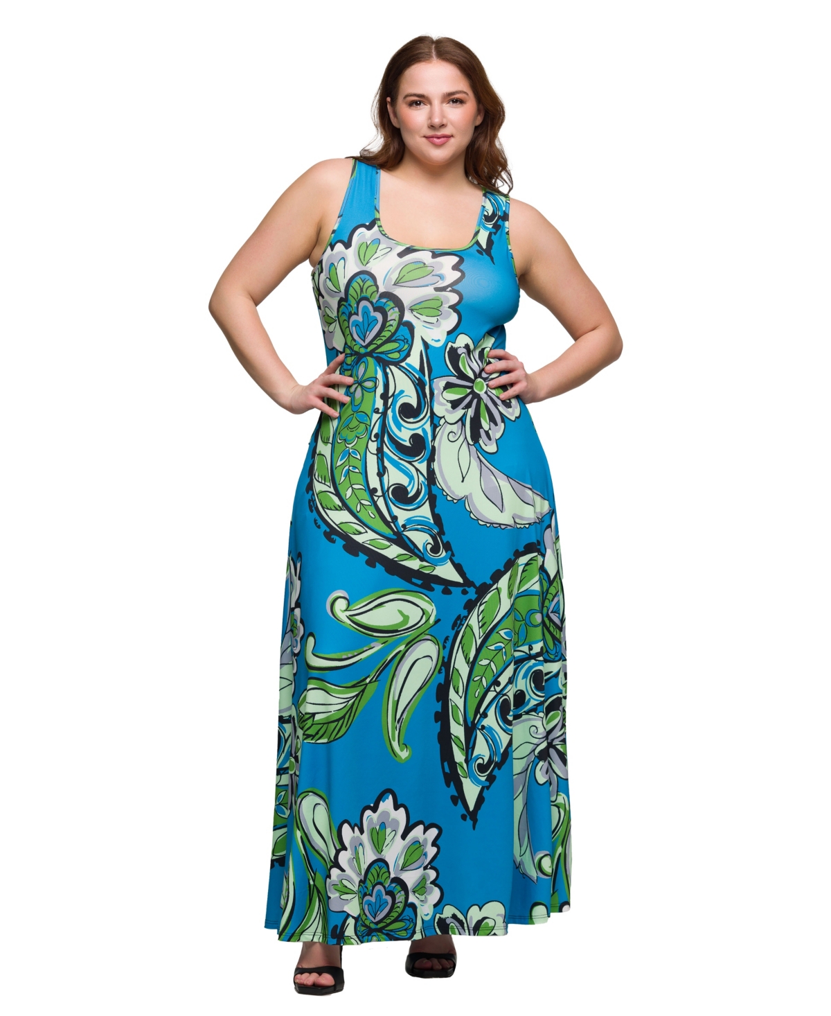 24SEVEN COMFORT APPAREL PLUS SIZE PRINT SCOOP NECK A-LINE SLEEVELESS MAXI DRESS 