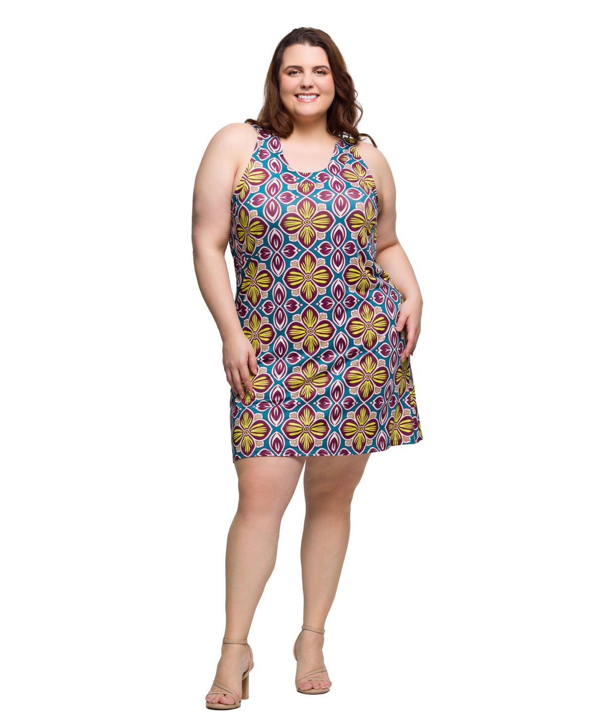 24seven Comfort Apparel Plus Size Print Sleeveless Knee Length Shift Dress In Yellow Multi