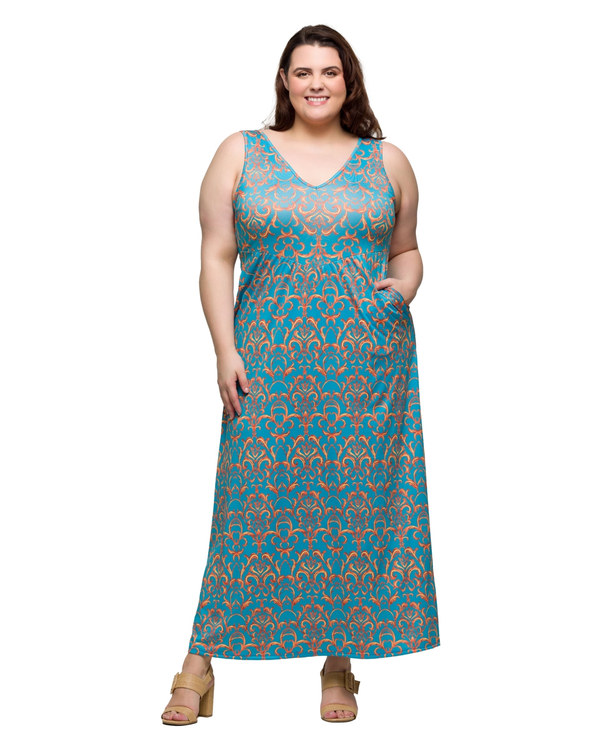 Plus Size Sleeveless V-Neck Maxi Dress with Pockets - Blue Multi
