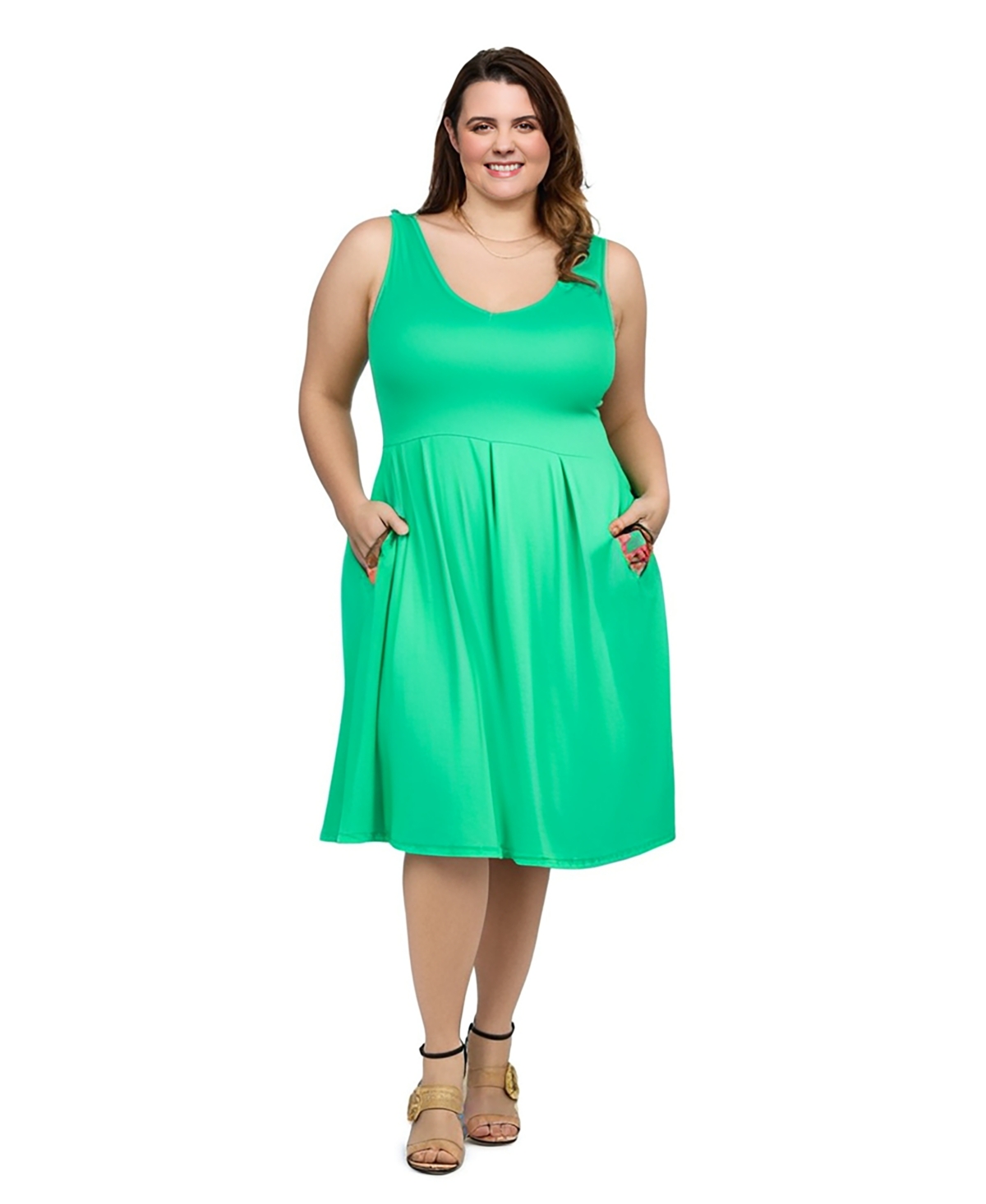 24seven Comfort Apparel Plus Size Sleeveless Midi Fit And Flare Pocket Dress In Green