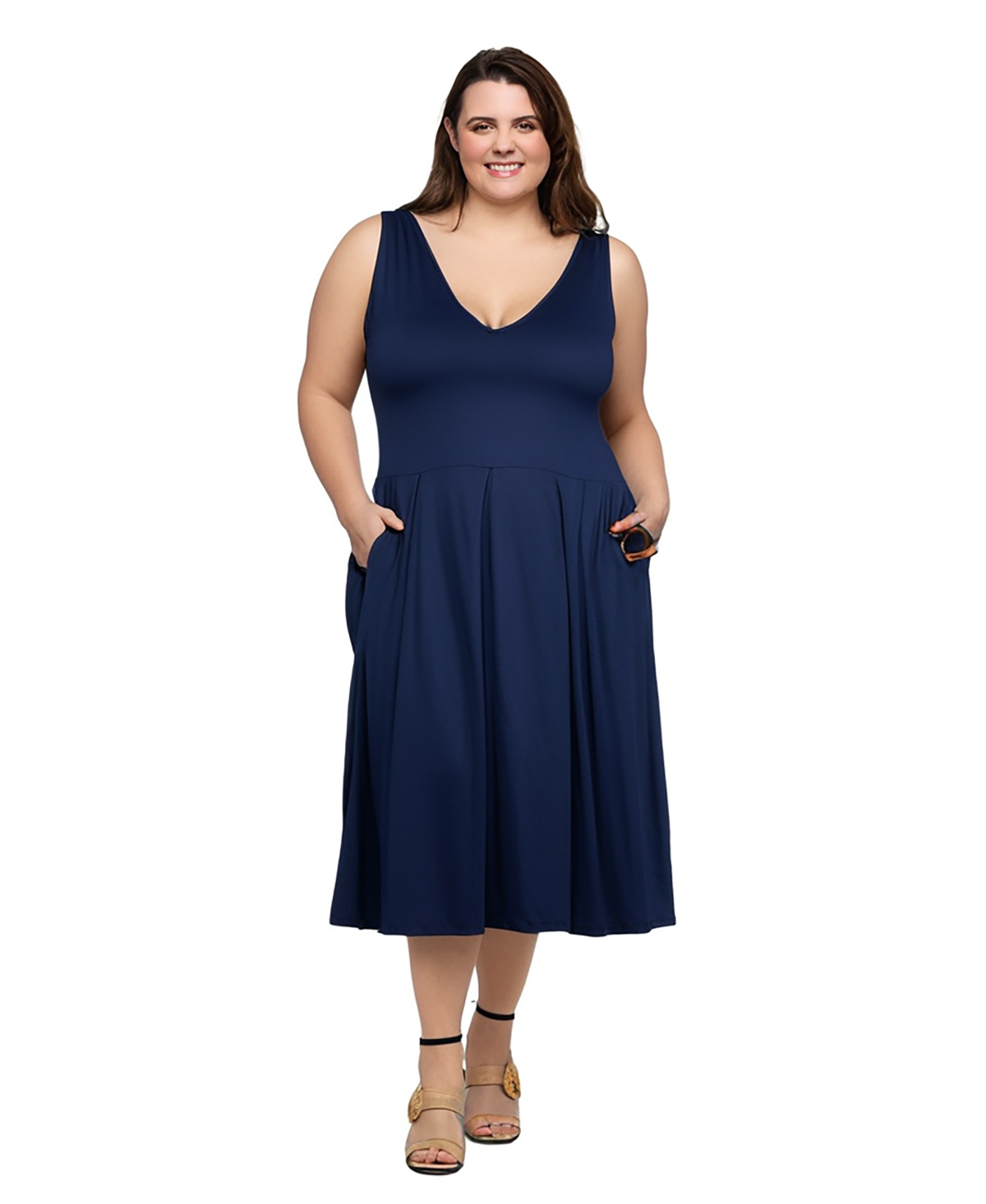 24seven Comfort Apparel Plus Size Sleeveless Midi Fit And Flare Pocket Dress In Navy