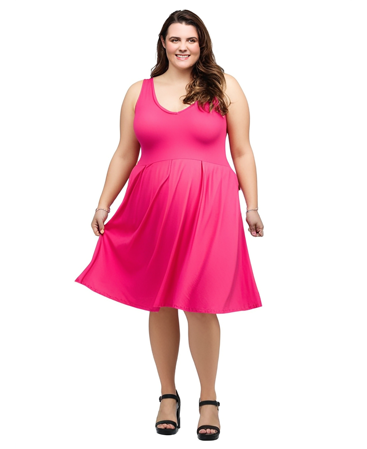 24seven Comfort Apparel Plus Size Sleeveless Midi Fit And Flare Pocket Dress In Pink