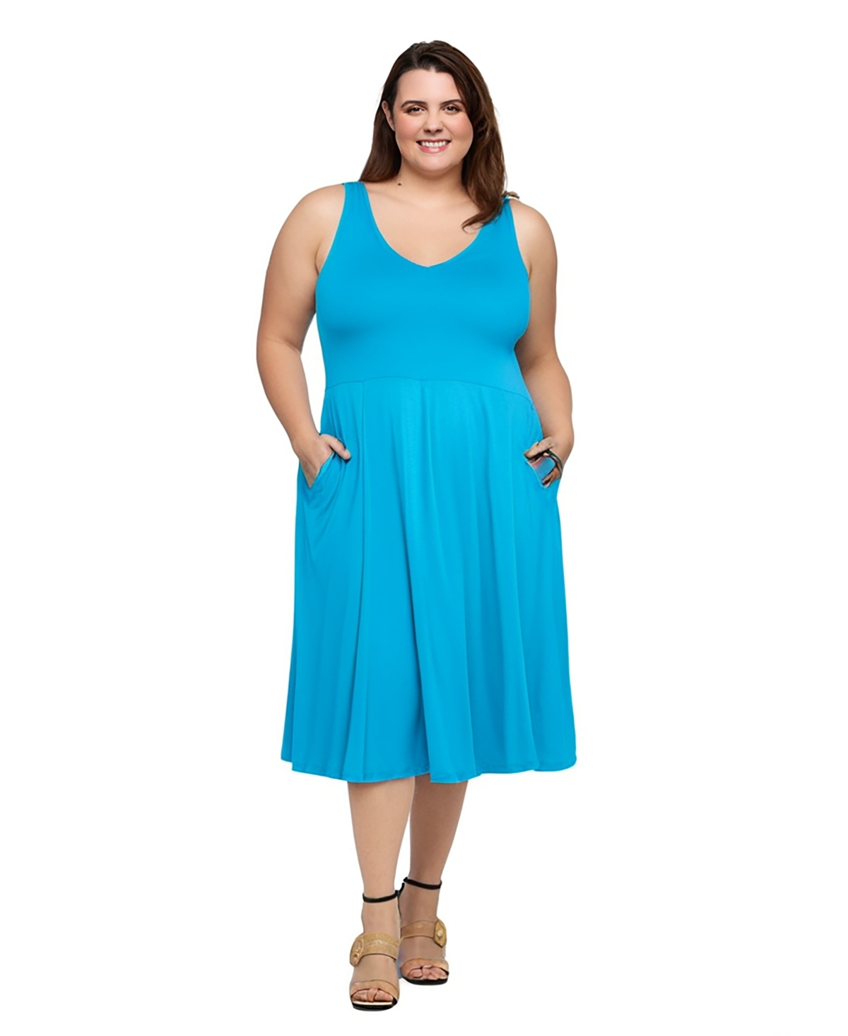 24seven Comfort Apparel Fit And Flare Sleeveless Maternity Midi Dress With Pockets In Turq