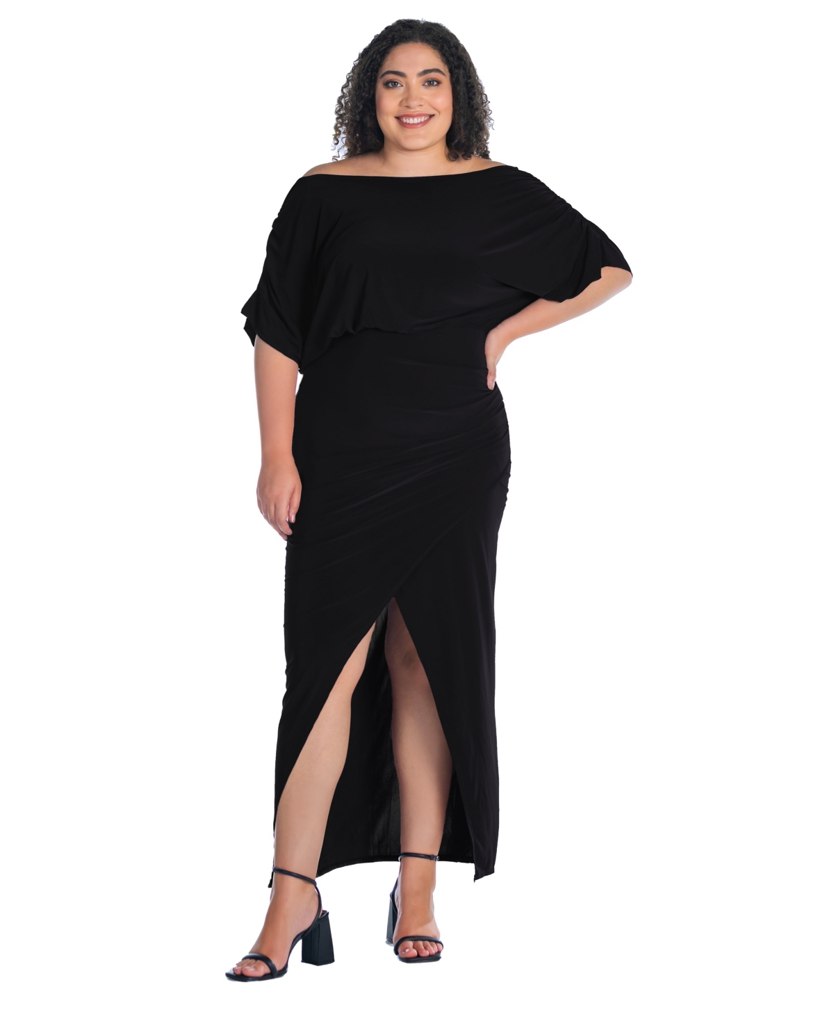 24seven Comfort Apparel Plus Size Boat Neck Batwing Sleeve Slit Maxi Dress In Black