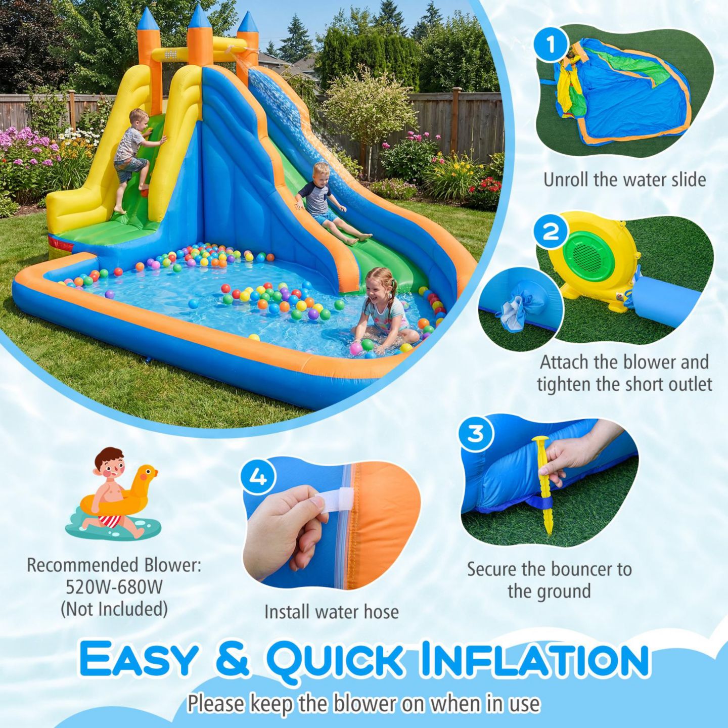 Детская игрушка Costway Mighty Inflatable Water Slide Splash Pool Bounce House, Ages 3+, цвет: Синий — фото 8