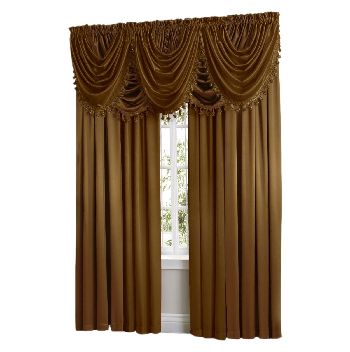 9 Piece Rod Pocket Semi Sheer Gold Window Curtains & Tasseled Valance Set - Gold
