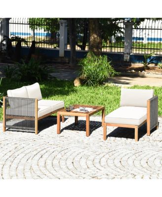 3PCS Patio Acacia Wood Sofa Furniture Set Thick Cushion W/ Nylon Rope Armrest