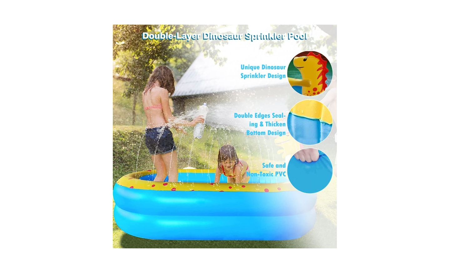 Детская игрушка Cowin Inflatable Dinosaur Pool, 67"L x 41"W x 31.5"H, PVC, 3-in-1 Sprinkler, Ages 2+ — фото 4