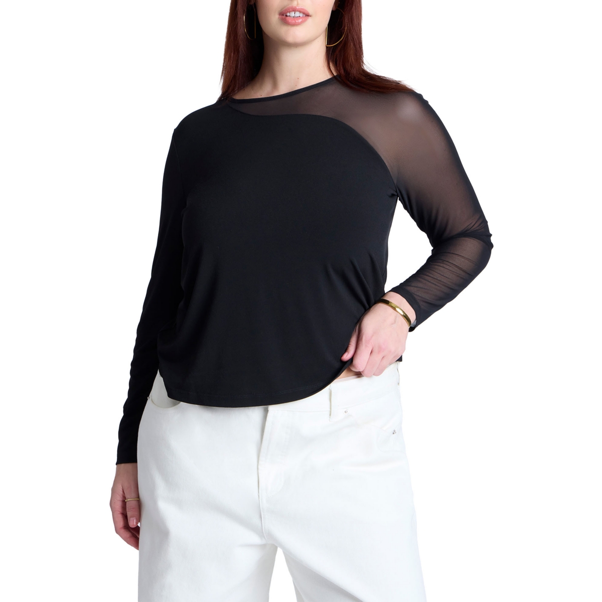 Plus Size Mesh Combo Long Sleeve Top - Black onyx