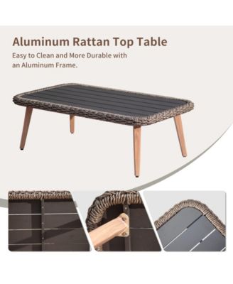 Patio Conversation Sets 4-Pieces, Handwoven Rattan Wicker Aluminum Frame Outdoor Patio Set, All-Weather Modern Rope Patio Loveseat with Coffee Table for Garden Balcony Deck Poolside Porch (Khaki)