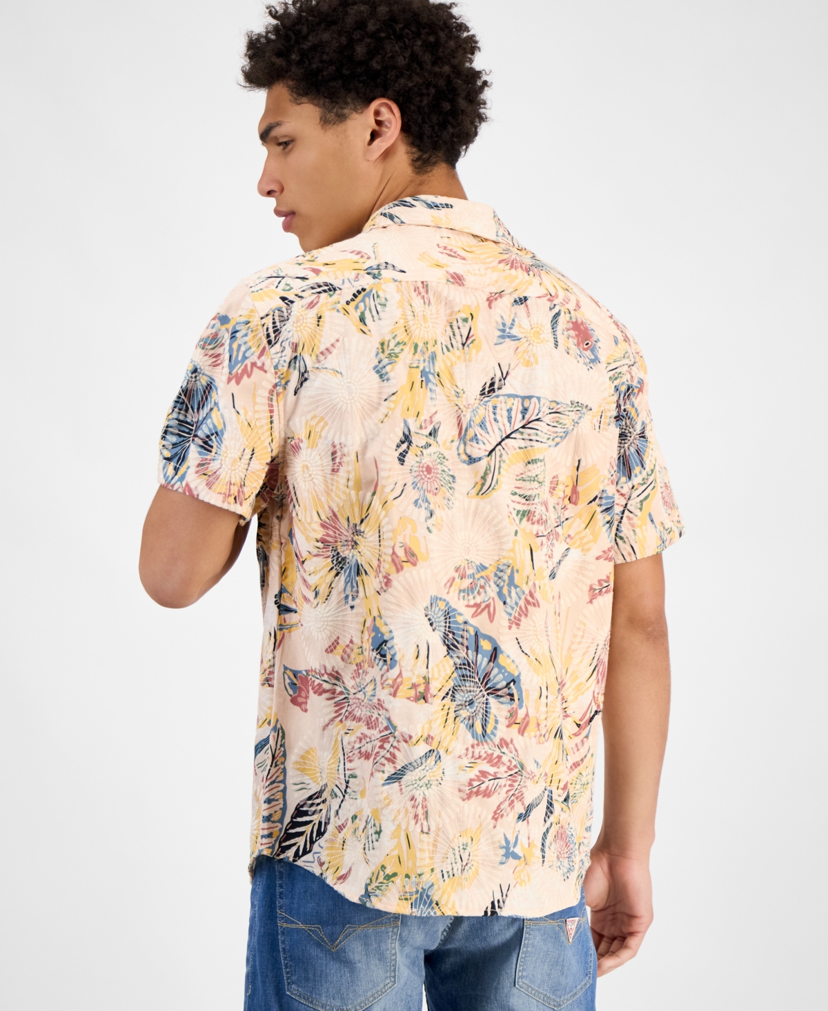 Guess Men's Embro Printed Short-sleeve Button Shirt In Quicksand Tropical Colorful