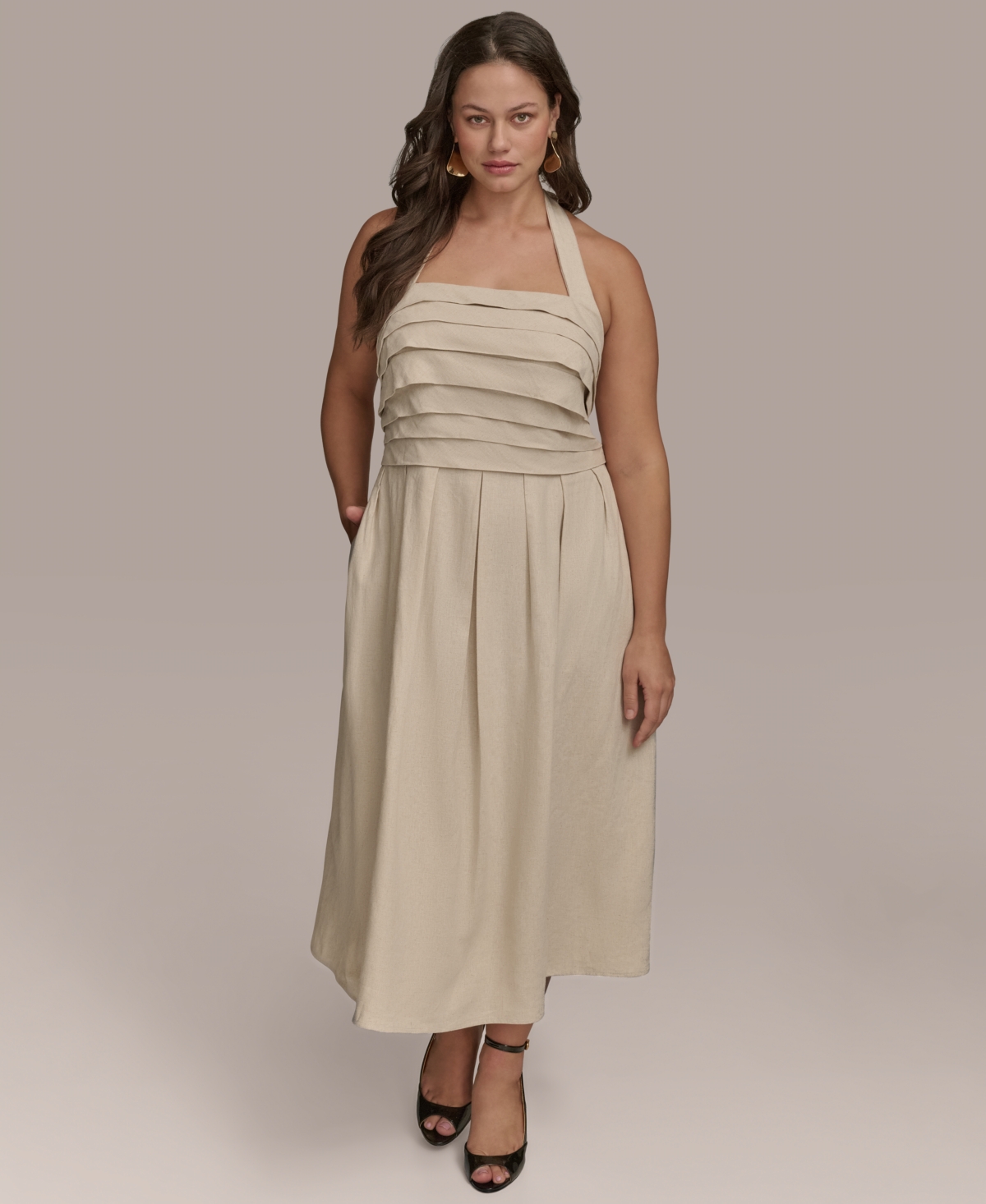 Donna Karan Plus Size Pleated-bodice Halter Neck Midi Dress