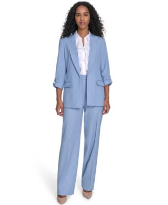 Womens Faux Denim Roll Sleeve Jacket Wide Leg Pants