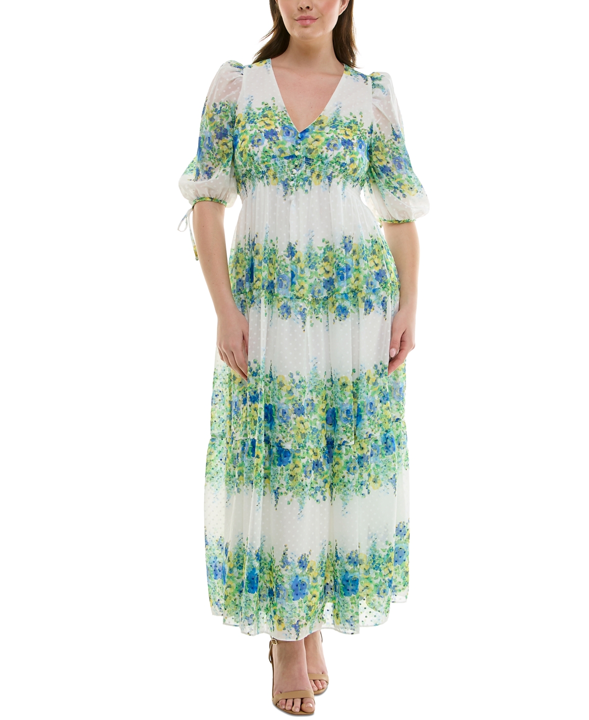 Taylor Plus Size Floral-print Chiffon A-line Midi Dress In Ivory Cerulean