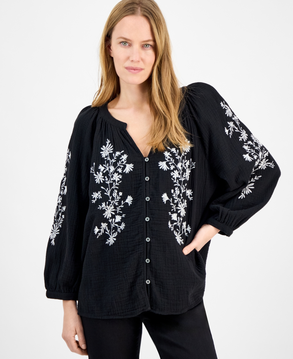 Style & Co Petite Cotton Textured Floral-embroidered Blouse, Exclusively At Macy's