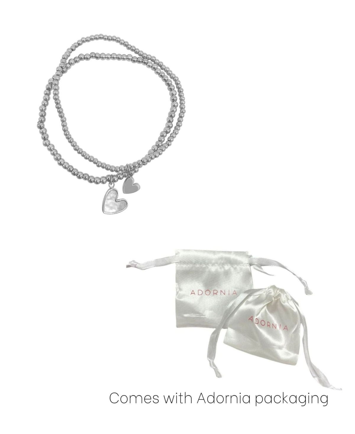 Adornia Tarnish Resistant Silver Plated Set Of Heart Ball Bracelets With Mother Of Pearl In Silver