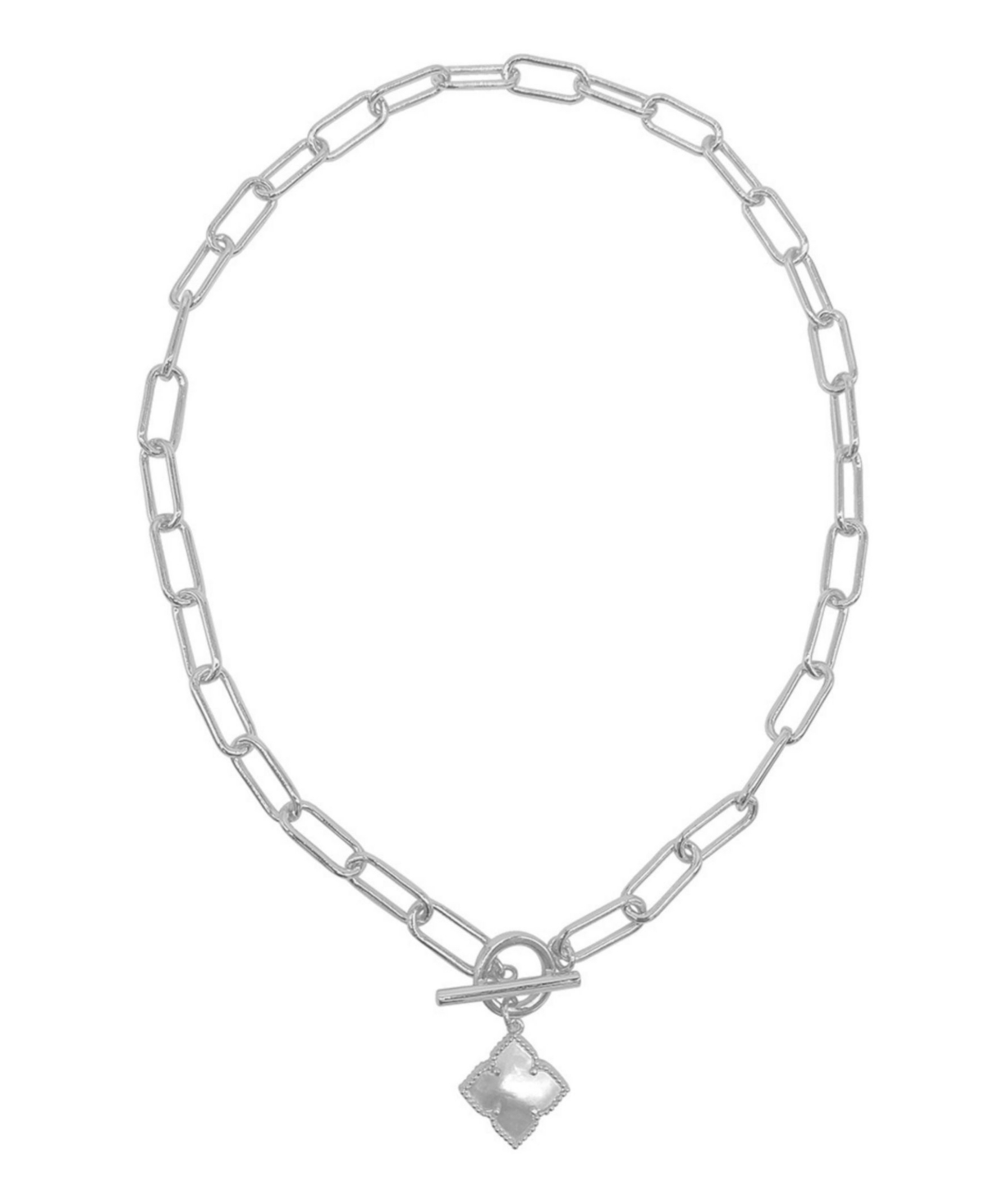Silver White Mother of Pearl Flower Paper Clip Chain Toggle Necklace - White