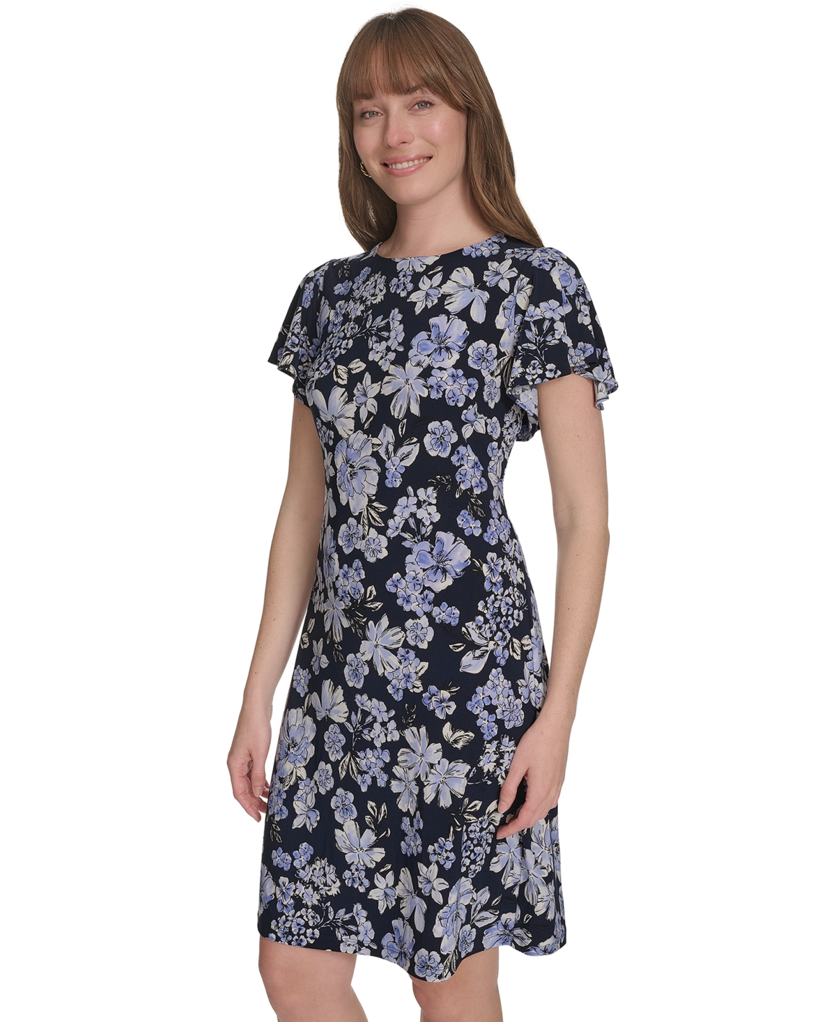 Tommy Hilfiger Women's Floral-print Flutter-sleeve Dress In Sky Captain Multi