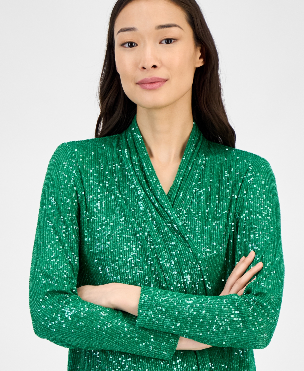 Anne Klein Sequin Draped Open Front Cardigan In Green