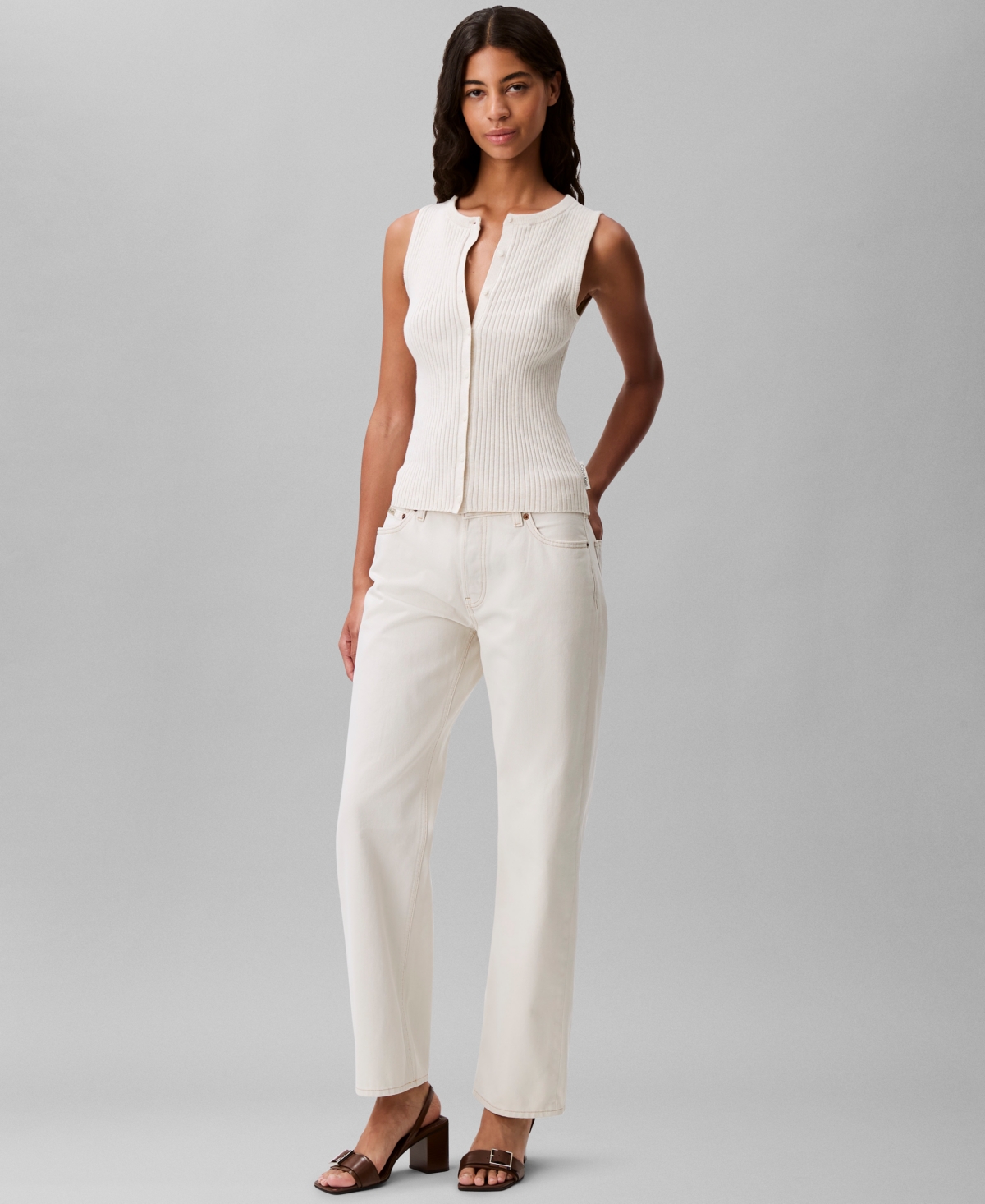 Calvin Klein Women's Ribbed Button-front Tank Top In Turtledove